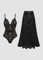 Floral Laser-Cut Hollow One-Piece Swimsuit with Skirt