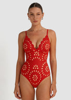 Floral Laser-Cut Hollow One-Piece Swimsuit with Skirt