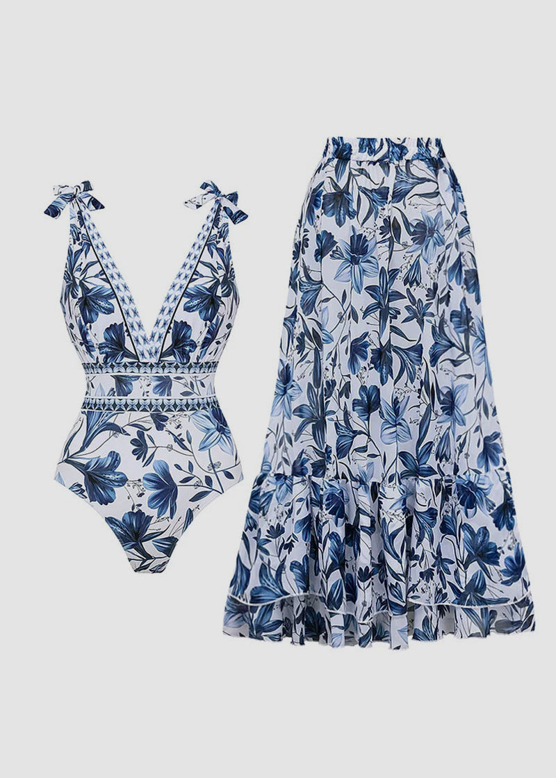 V Neck Lace Up Printed One Piece Swimsuit and Skirt