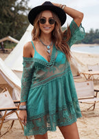 Contrast Lace Bathing Suit Cover Up V-Neck Swimsuit Coverups
