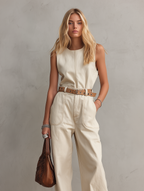 Casual Beige Woven Sleeveless Jumpsuit With Crew Neck (Belt Not Included)