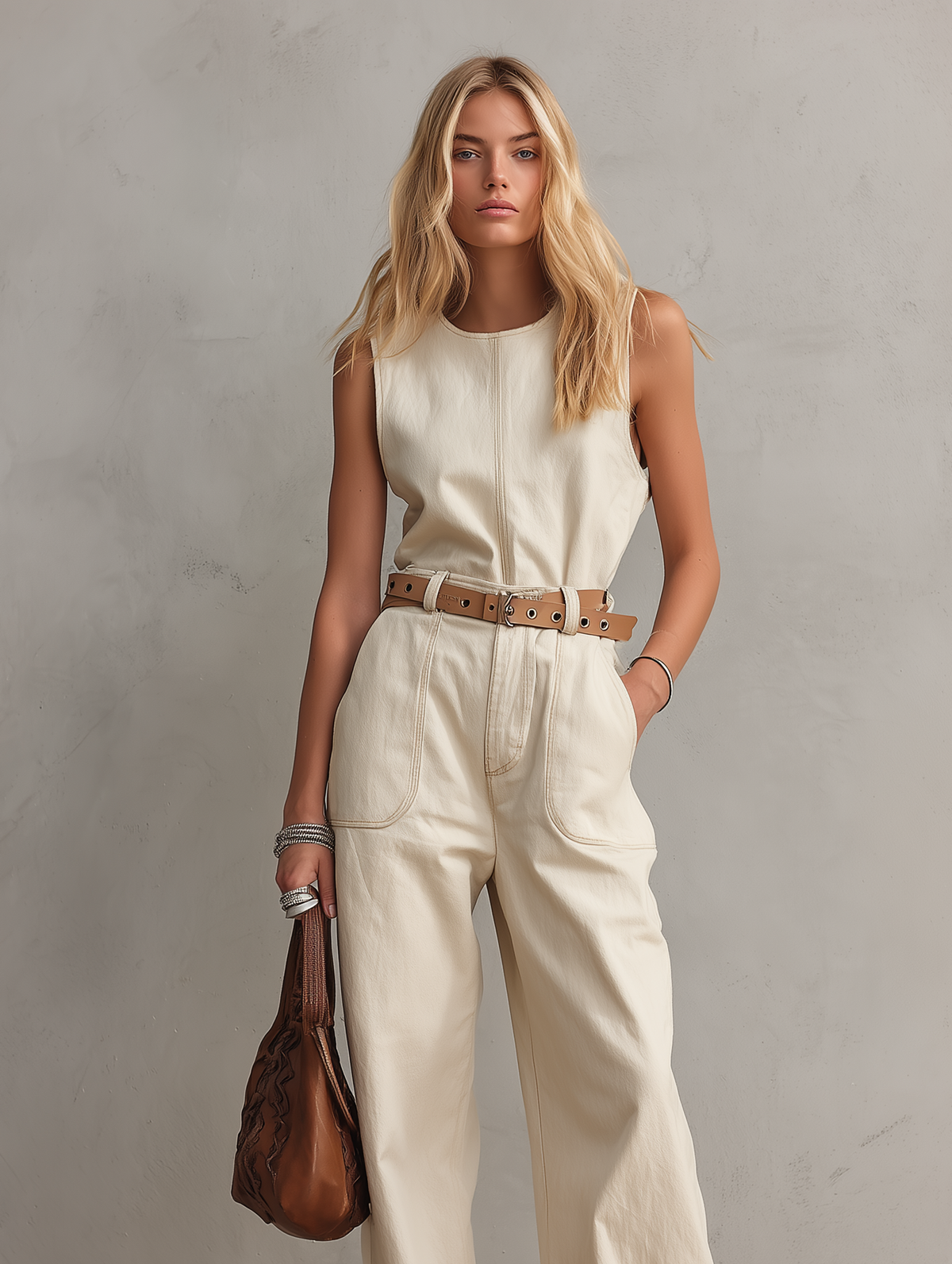 Casual Beige Woven Sleeveless Jumpsuit With Crew Neck (Belt Not Included)