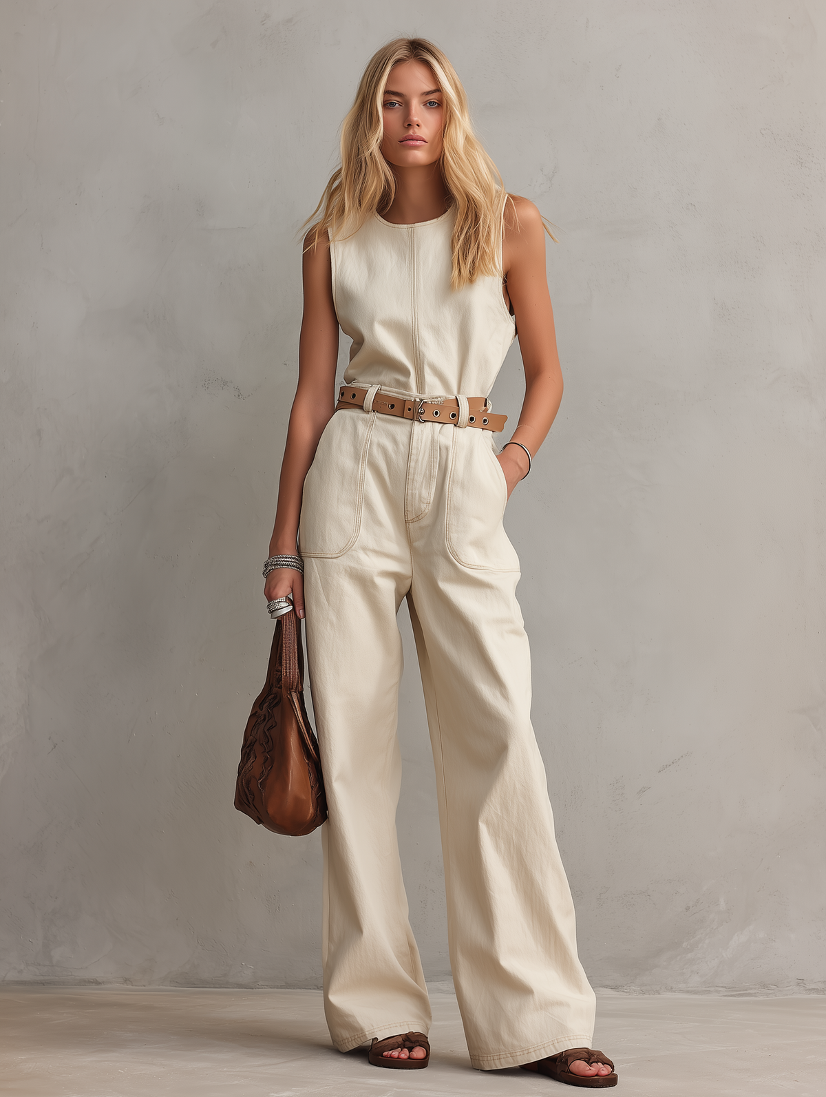 Casual Beige Woven Sleeveless Jumpsuit With Crew Neck (Belt Not Included)