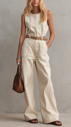 Casual Beige Woven Sleeveless Jumpsuit With Crew Neck (Belt Not Included)