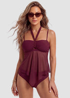 Tankini Swimsuits-Tummy Control Flowy Mesh Tops High Waisted Bottoms