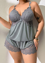 Plus Size Lace Satin Cami Pajama Set – Sexy Two-Piece Sleepwear for Women