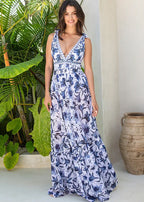 V Neck Lace Up Printed One Piece Swimsuit and Skirt