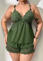 Plus Size Lace Satin Cami Pajama Set – Sexy Two-Piece Sleepwear for Women